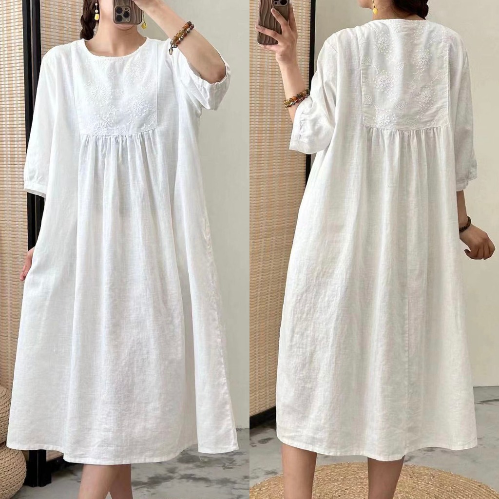 DRESS OVERSIZE KATUN LINEN PUTIH PREMIUM DADA BORDIR KOREA IMPORT