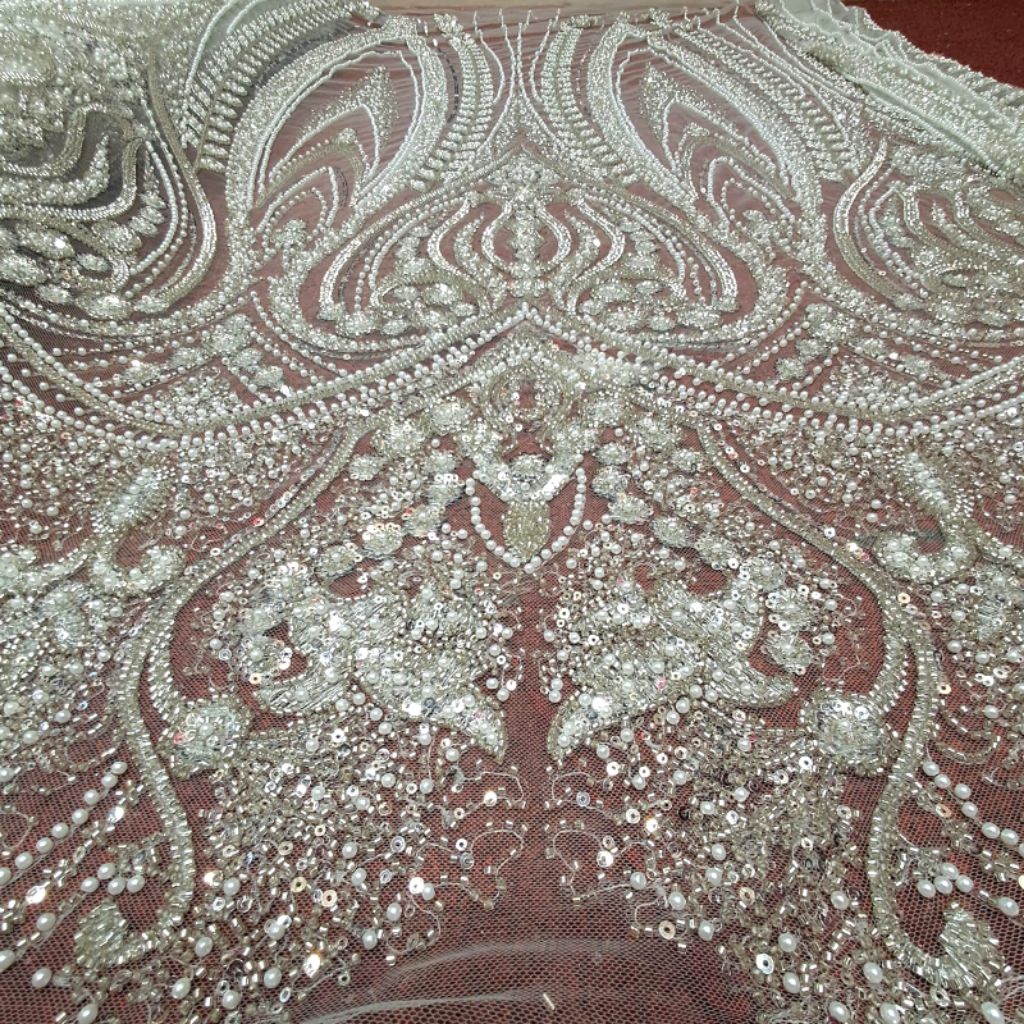 kain Tille Payet mewah motif mahkota / bakal kain tile Payet  pengantin full mutiara Payet soroskin 