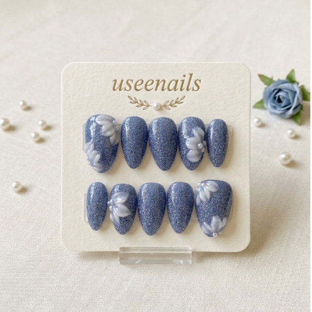 Kuku Palsu 3D Press On Nails Motif Bunga Biru Elegan / Fake Nails / Nail Art Biru