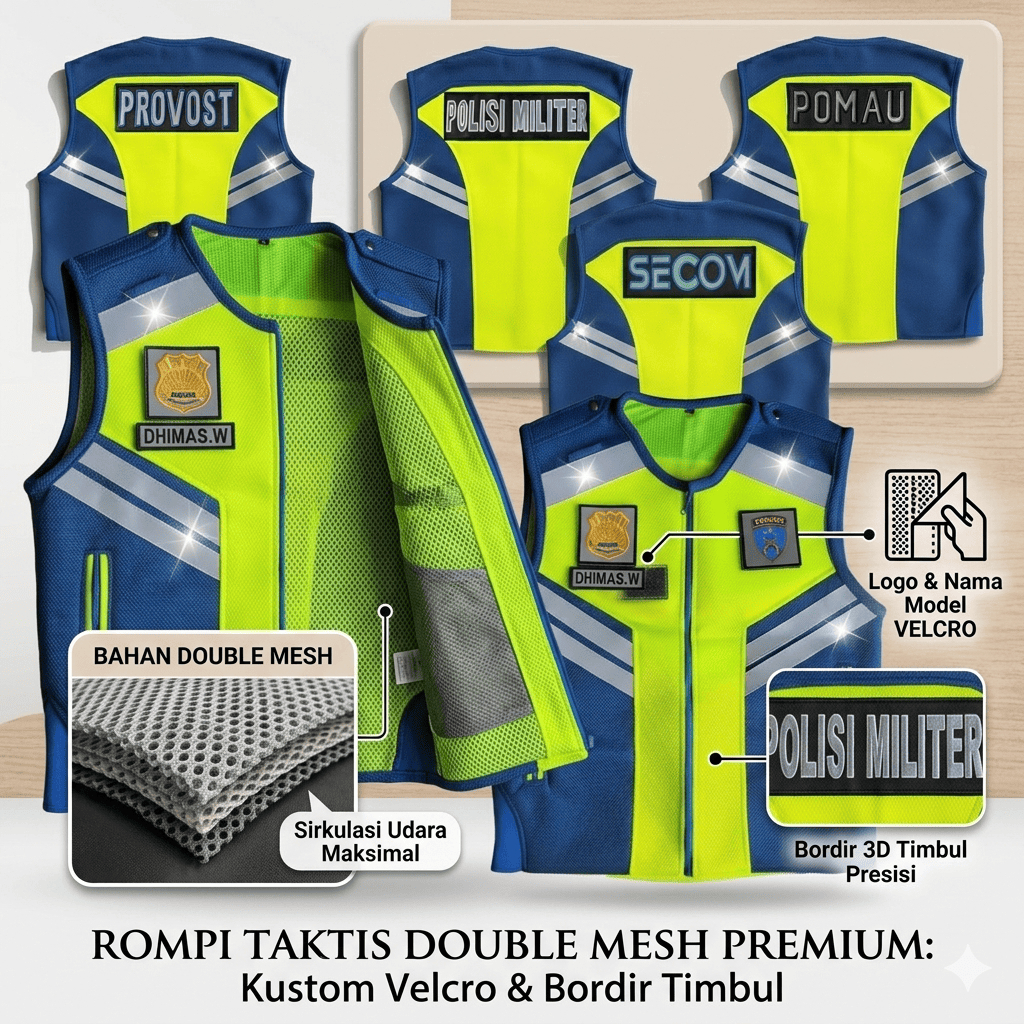 Gratis Nama - Rompi Bahan double mesh untuk Provos TNI dan polri, Polisi Militer PM, POM AU, Secom P