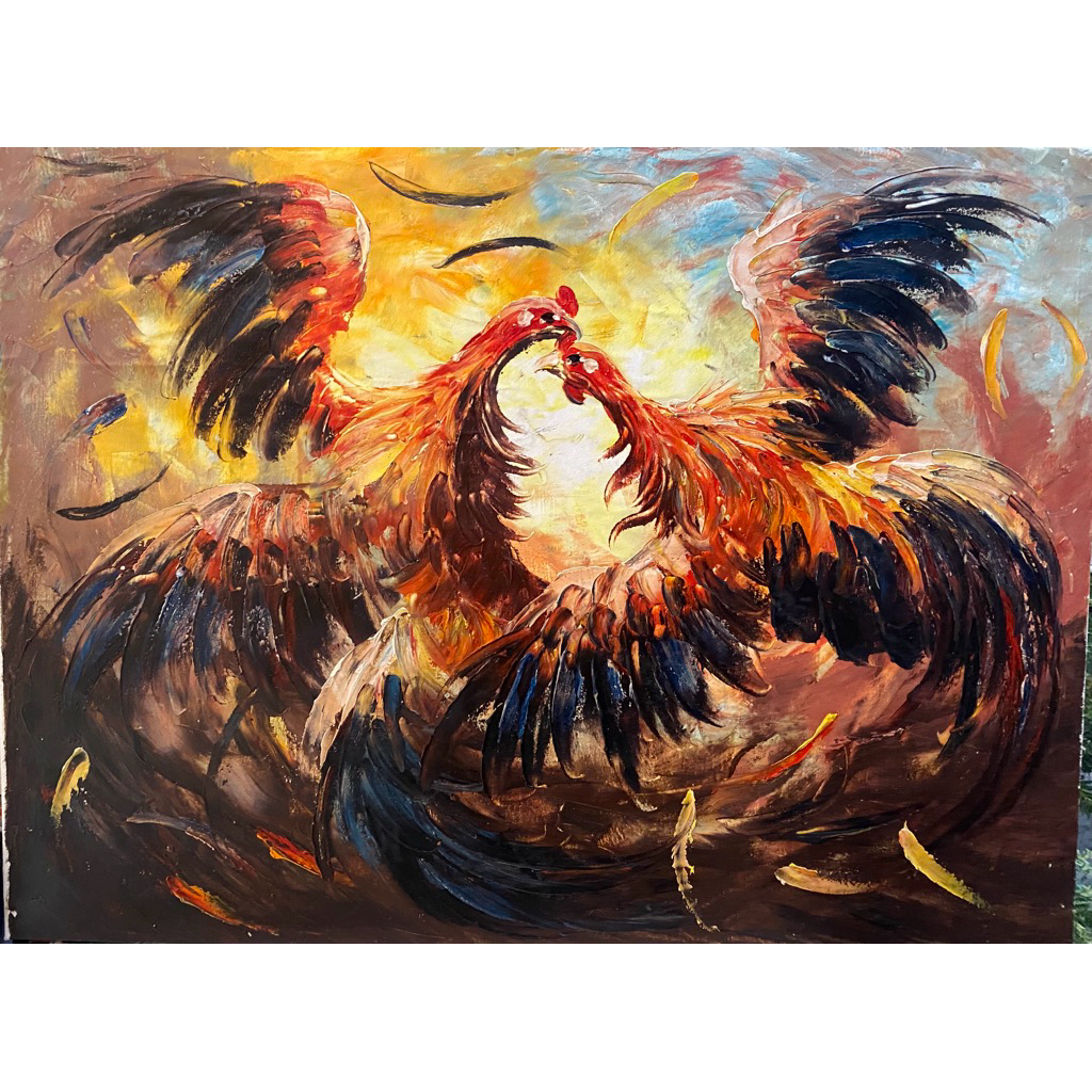 Lukisan Ayam Jago, Lukisan Khas Bali, Lukisan Canvas buatan tangan, Ukuran : 80 cm x 60 cm