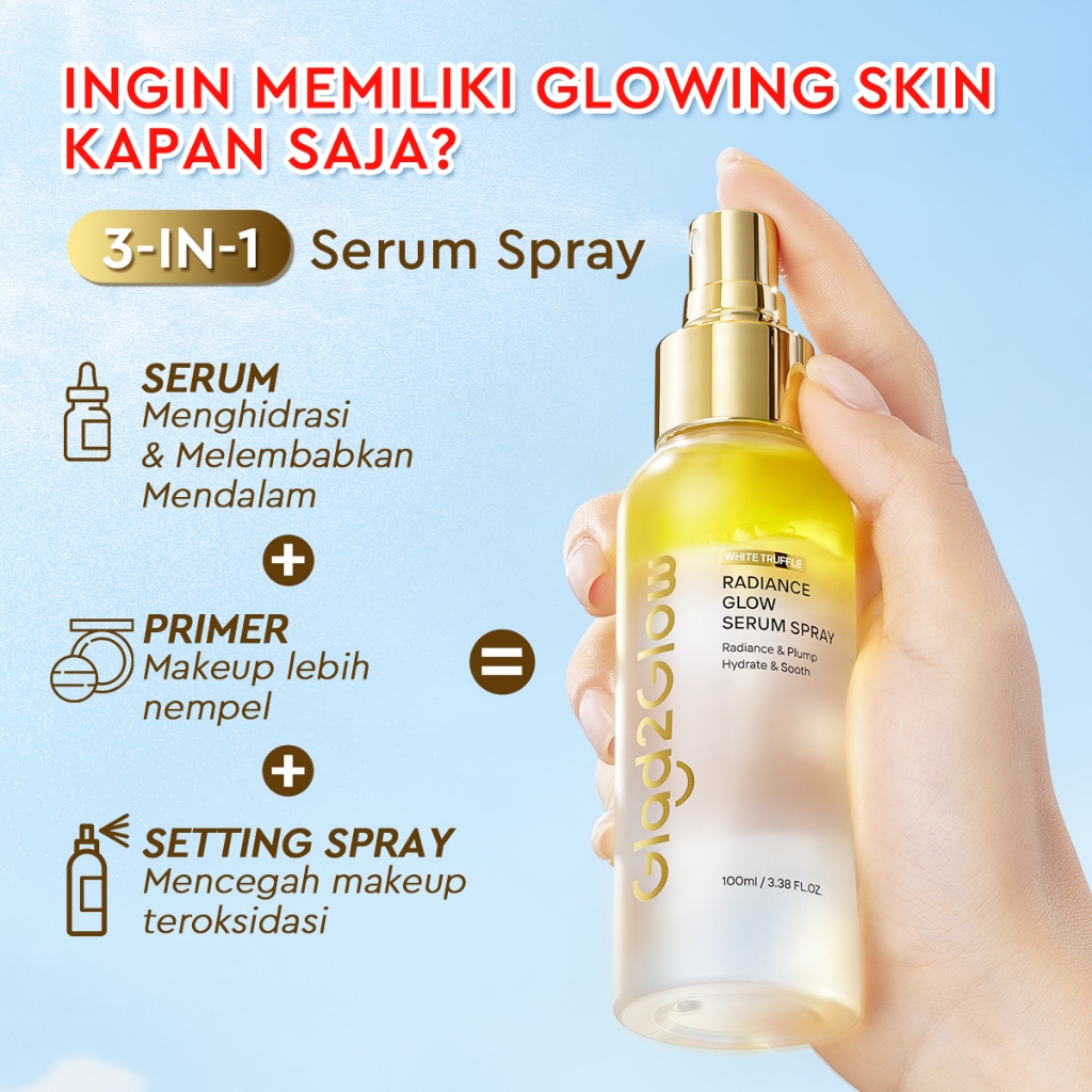 [HOT] Glad2Glow White Truffle Serum Spray 100ml |  12H Tahan Lama|Glass Skin Makeup Lock Mencerahkan