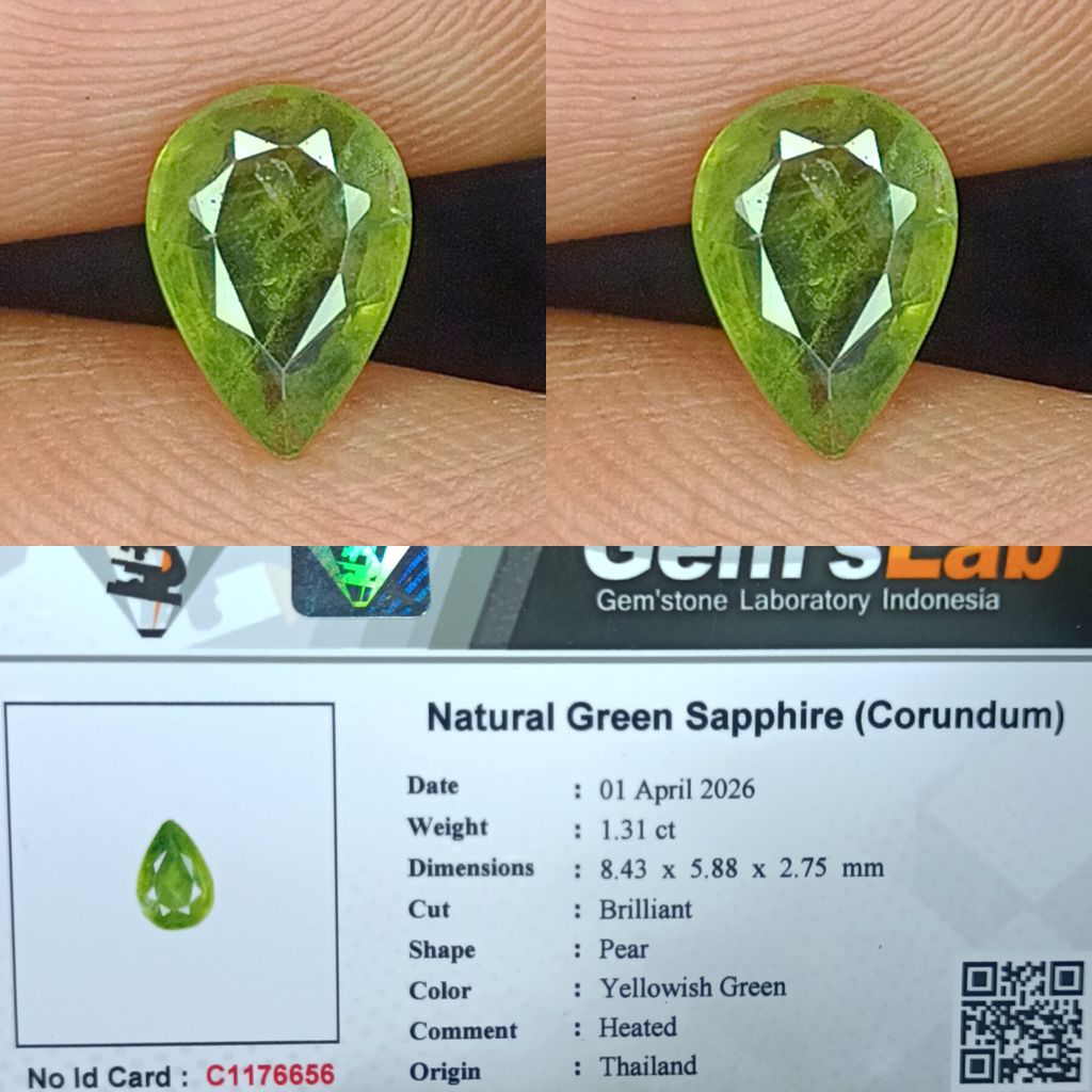 NATURAL BATU PERMATA GREEN SAPPHIRE THAILAND YELLOWISH GREEN CUTTING PEAR MEMO GLI