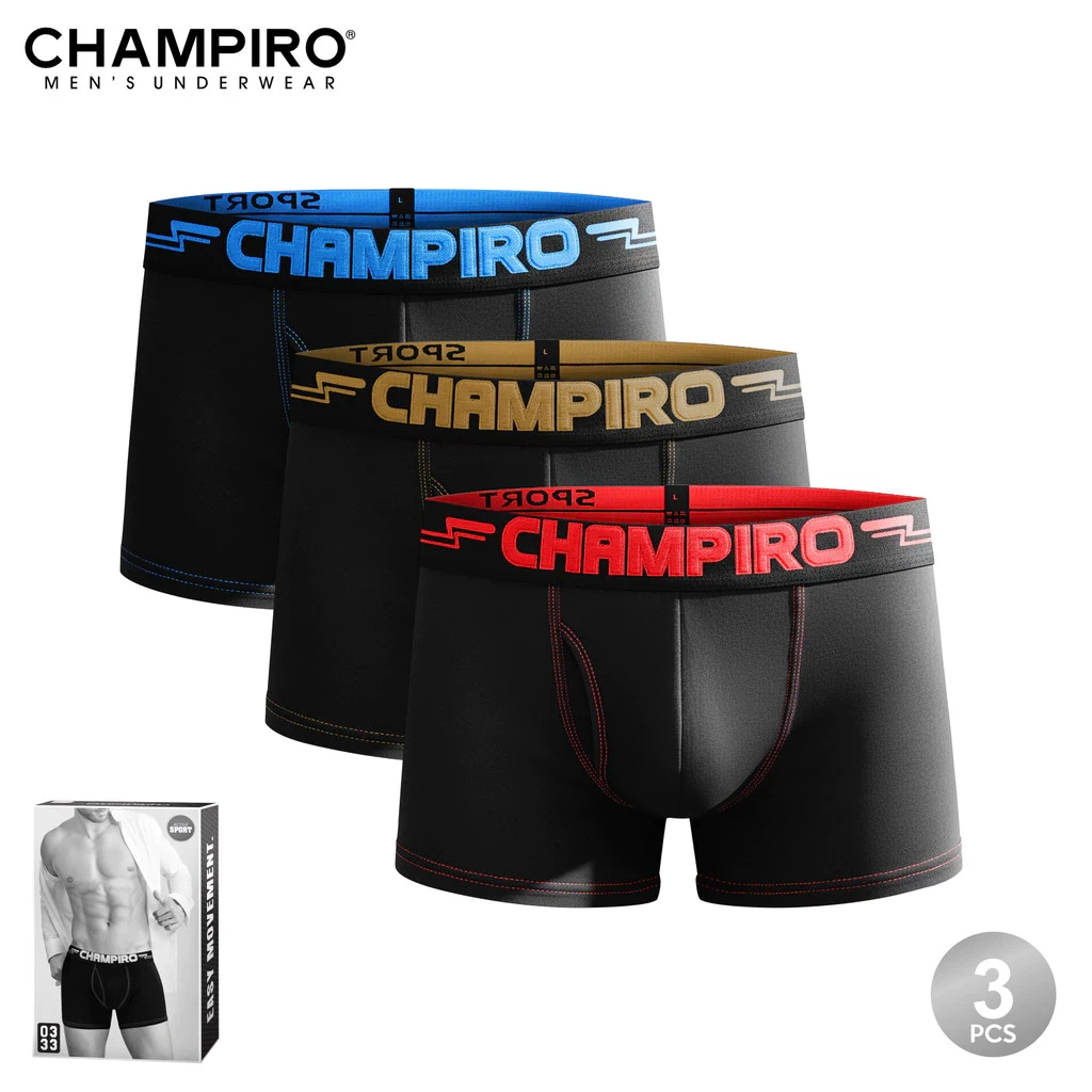 3 PCS | Boxer Pria Dewasa Champiro 0333 Black Boxer, CD Laki-laki Sport Premium