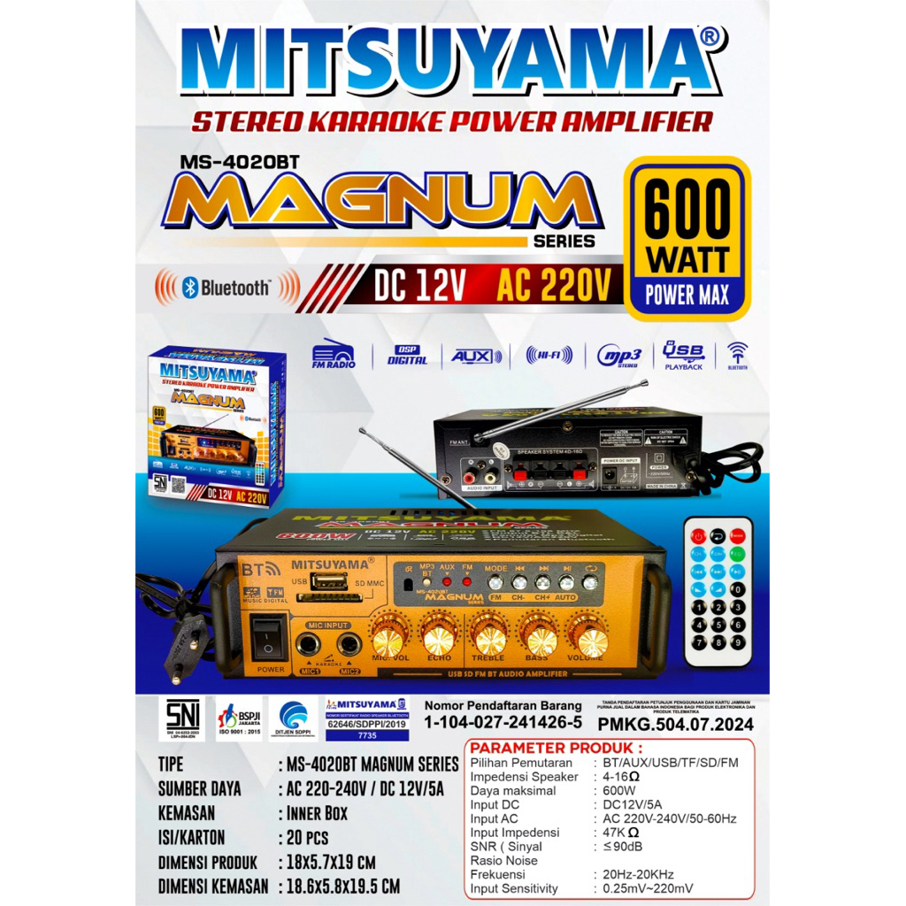 Power Amplifier MITSUYAMA MAGNUM Amplifier Bluetooth MINI Fleco Audio Power MS-4020BT 600W | Karaoke