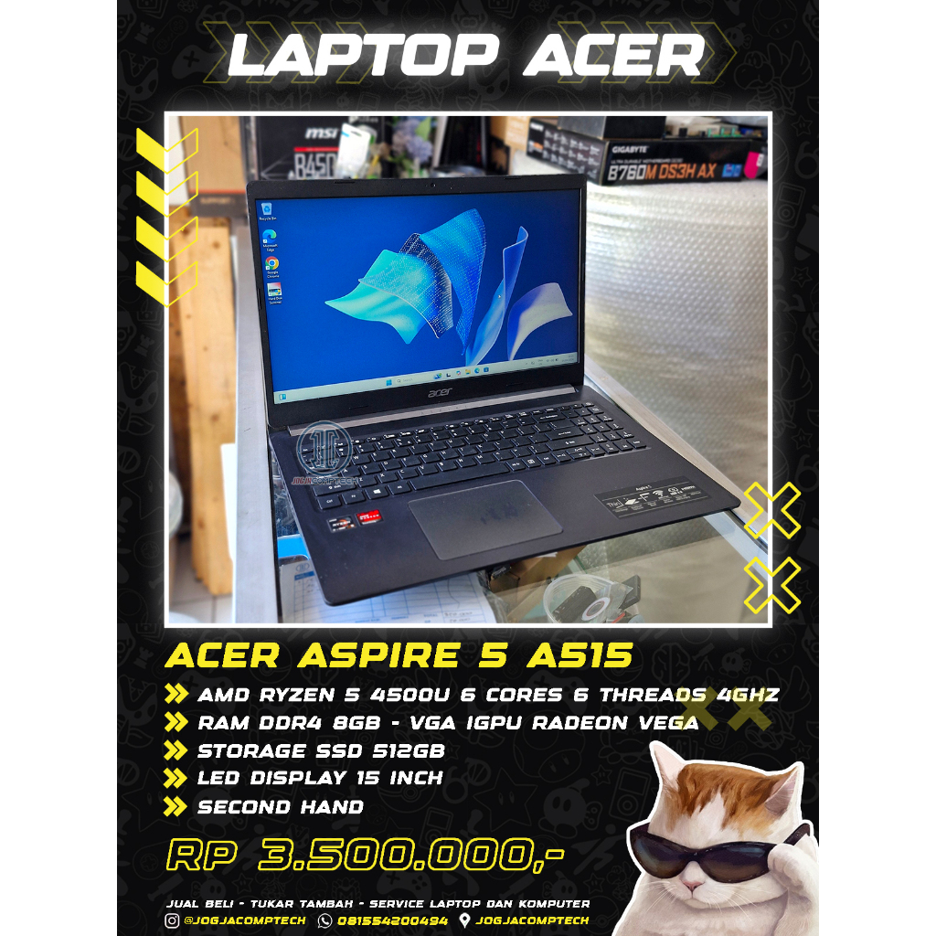 Laptop ACER ASPIRE 5 A515 AMD Ryzen 5 4500u 6 cores 4.00GHZ ram ddr4 8gb SSD 512gb VGA IGPU Radeon V