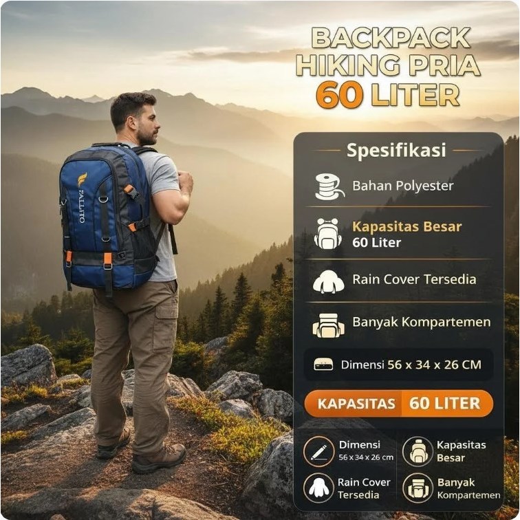 Tas Ranse Pria 60L |  mountain backpack | Polyester Nylon | Praktis Modern Hitam | Mudik & Camping