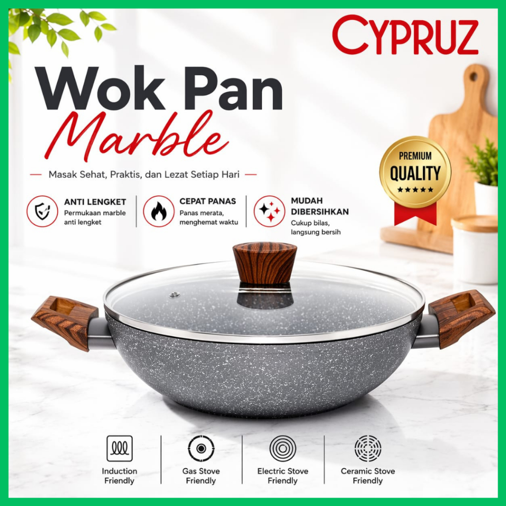 Cypruz Marble Wok Pan 30cm Tutup Kaca Wajan Anti Lengket PFOA Free Panci Masak Besar Original Tebal