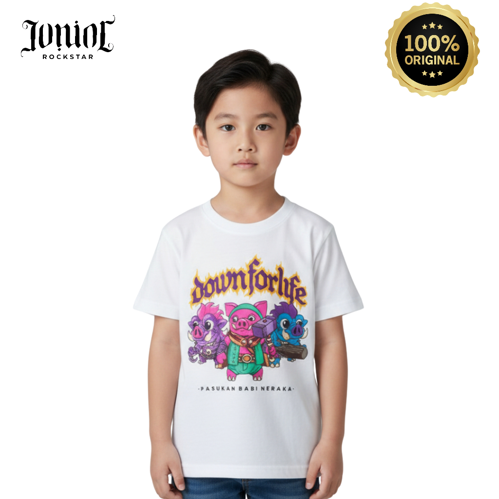 JUNIORROCKSTAR Kaos Anak Down For Life – Pasukan Babi Neraka | Official Kids Band Merch