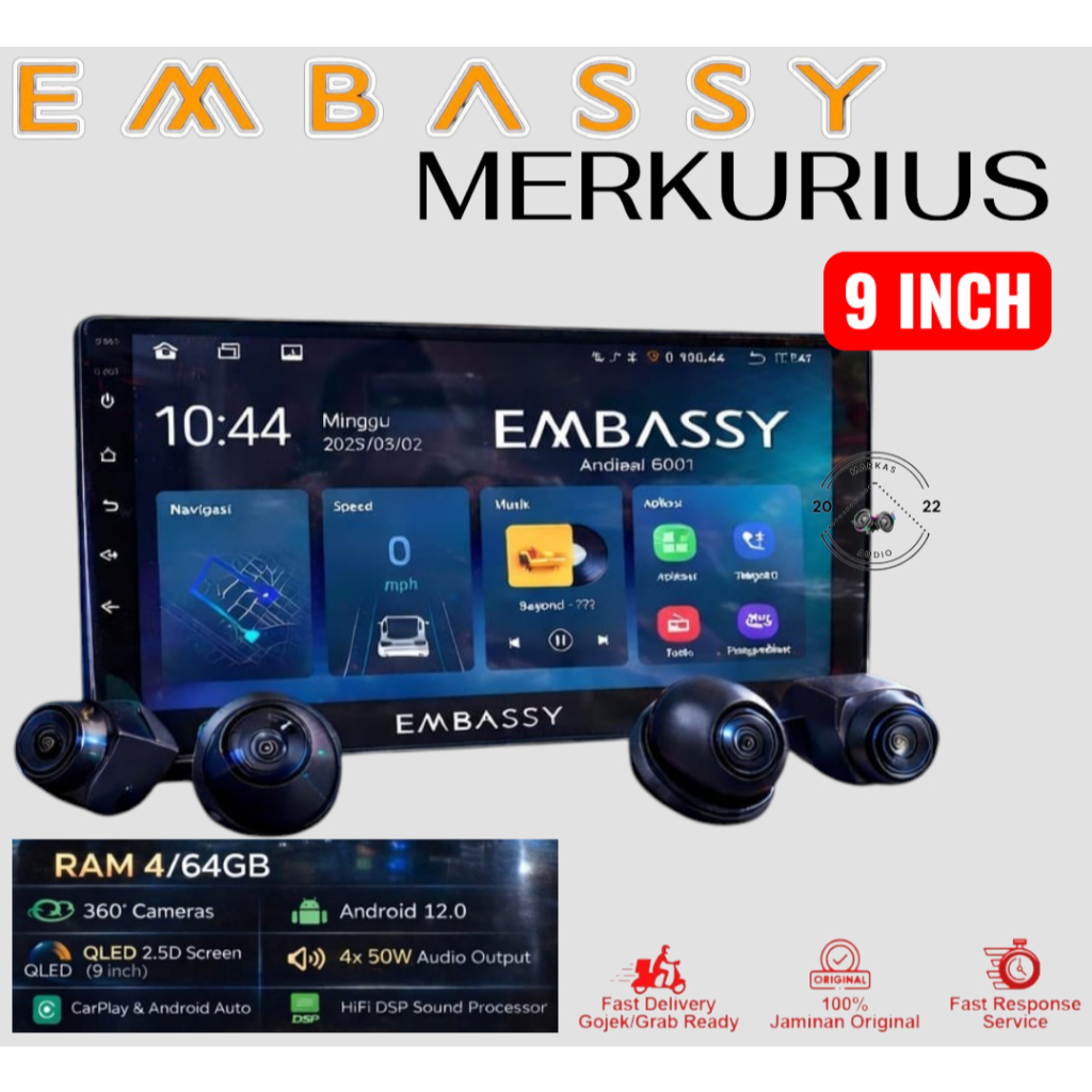 Head unit Android 9 inch Embassy Merkurius Ram 4/64 + Kamera 360