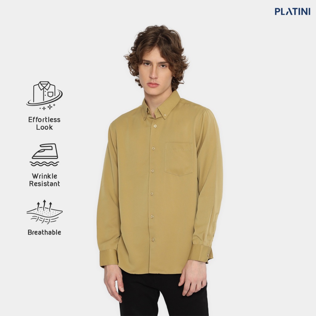 Platini Baju Kemeja Pria Lengan Panjang Polos Polinosic Kuning Gading 66113