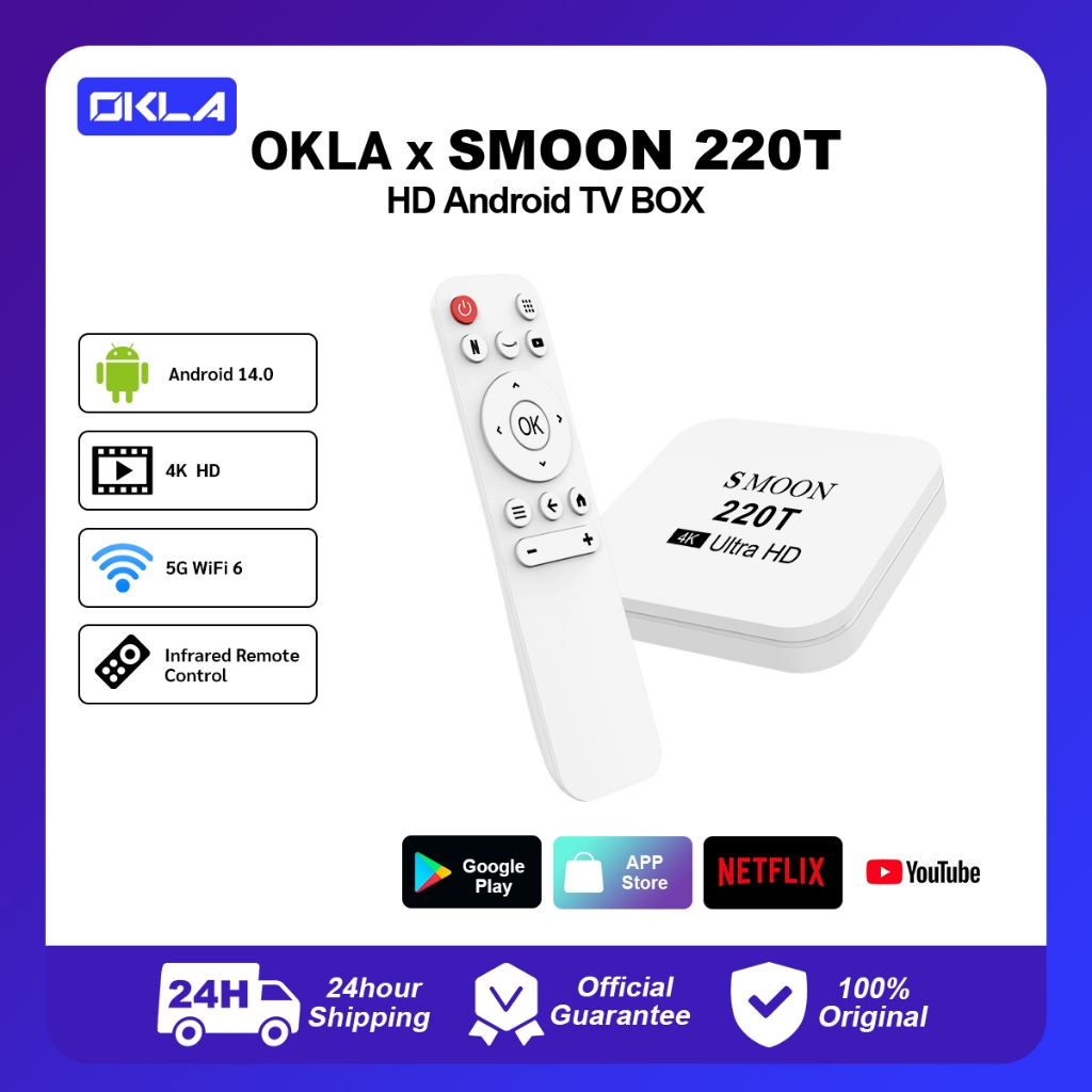 OKLA x SMOON 220T Android TV Box - Set Top Box - Hdmi  Usb - Set Top Box Android14.0  Wifi - Youtube