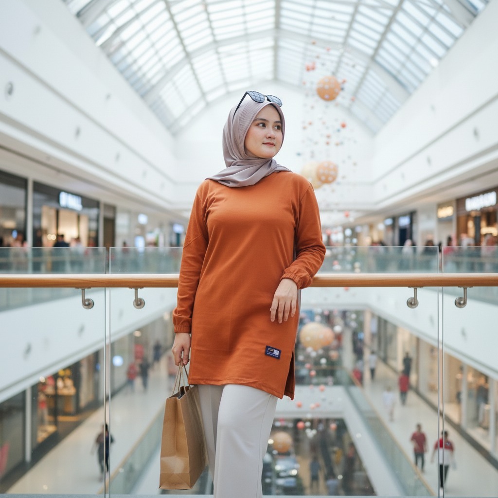 Kaos Tunik Long Sleeve Merah Bata/Teracotta Wanita bahan Cotton Combed 24s kaos Distro Premium