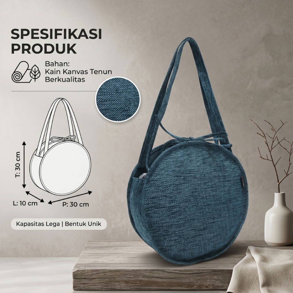 Tas Wanita Model Bulat Bahan Kanvas - Round Tote Bag Besar Muat Banyak - Tas Bahu Unik Vintage Etnik