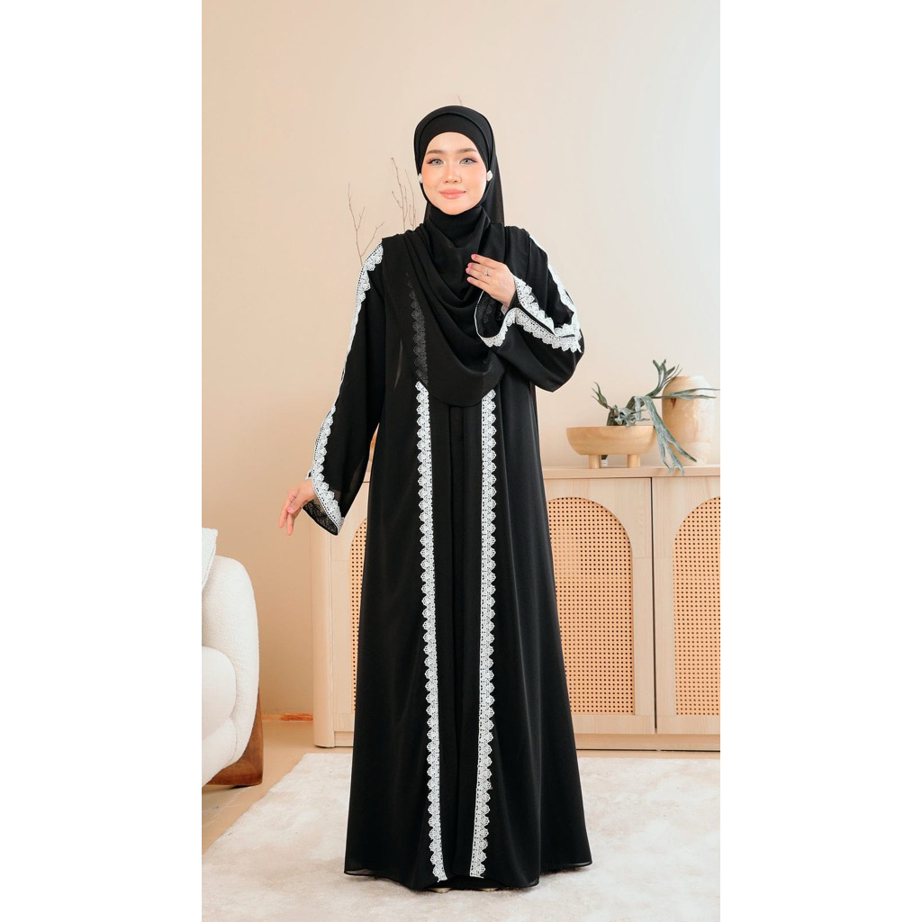Aluna Dress Abaya Hitam Pure Black Renda Putih Mewah Premium Gamis Hitam Abaya Arab Turkey Bordir Re