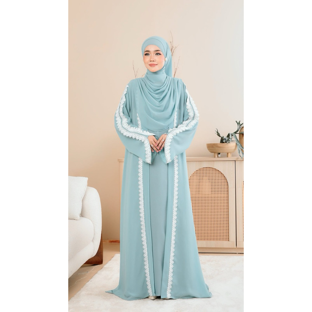 Aluna Dress Gamis Biru Muda Abaya Renda Putih Mewah Silk Premium Abaya Ligh Blue Gamis Pesta Elegan 