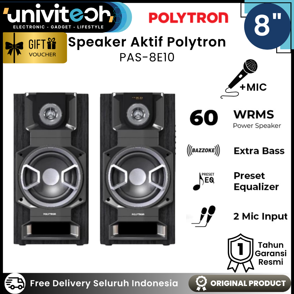 Polytron Speaker Aktif Bluetooth 8inch 2 Woofer Extra Bass Preset Equalizer 3-Band Tone - PAS 8E10