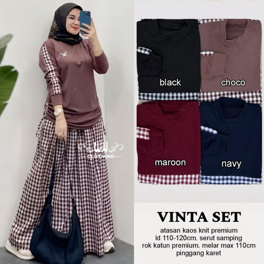 VINTA SETROK MOTIF KOTAK/SETELAN BLUS DAN SKIRT WANITA CASUAL ELEGAN/KAOS KNIT PREMIUM ORI BY WW/LD 