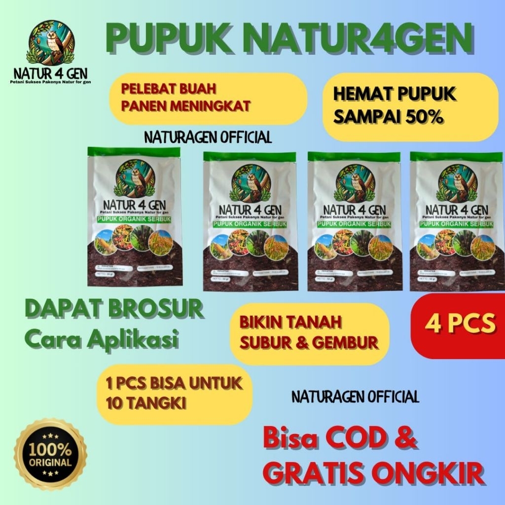 4 Pcs Natur4gen Pupuk Organik Naturagen Asli - Booster Padi Jagung Sawit - Penghemat Urea - Grosir S