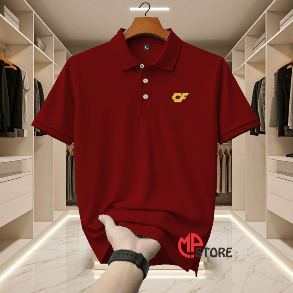 Kaos Polo Shrit Distro CF Text Gold Lengan Pendek Premium Quality Kaos Kerah Unisex Baju Seragam Ade