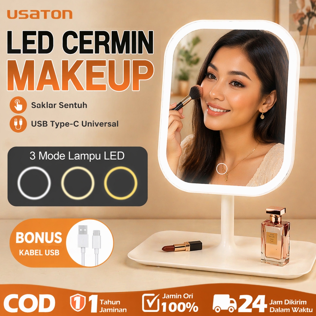 USATON Cermin Makeup LED HD 3 Warna Touchscreen 270° Putar / Portable Mini Standing Rias Kaca / USB 