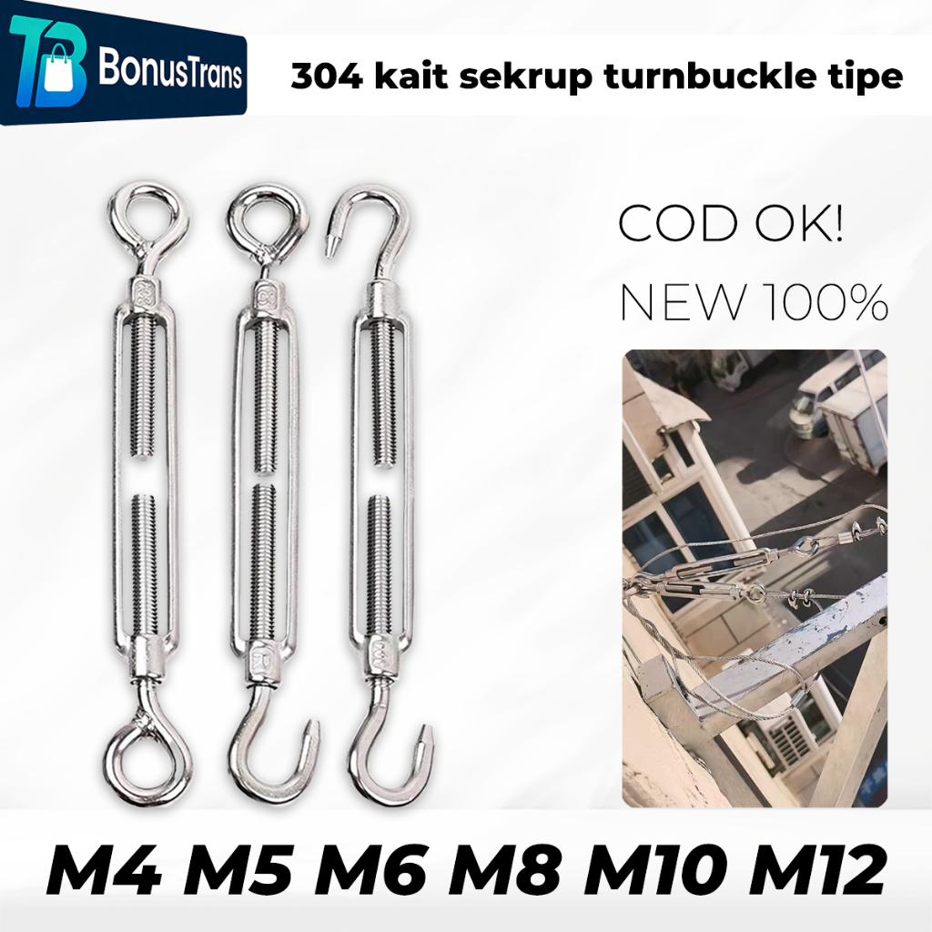 Span Skrup Tarikan Seling Hook & Eye 304 SS - Untuk Menguatkan dan Menegangkan, Tersedia M4 M6 M8, 1