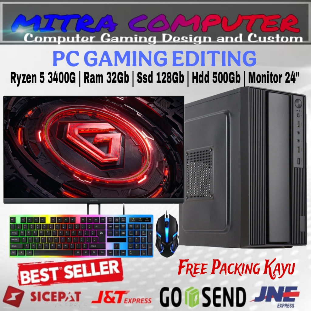 PC Gaming Fullset Ryzen 5 3400G RAM 32GB DDR4 SSD 128GB HDD 500GB Monitor LED 24 INCH