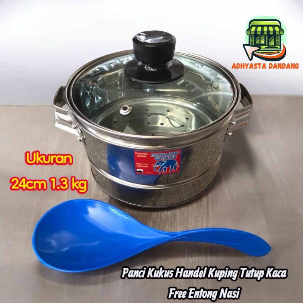 TERBARU PANCI KUKUS MASAK NASI UK 24cm 1.3kg HANDEL KUPING DENGAN TUTUP KACA FREE ENTONG NASI
