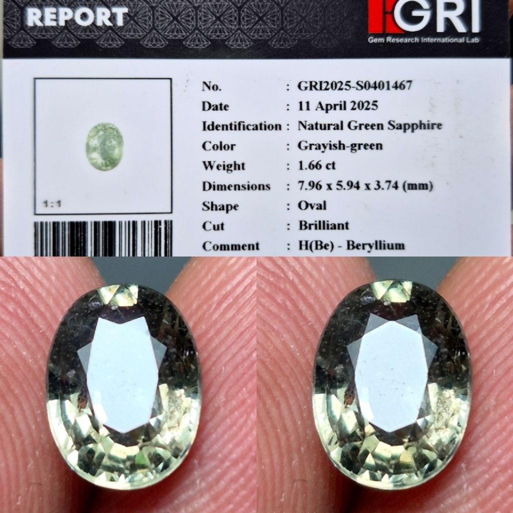 Natural Green Sapphire 1.66 crt Top Luster Memo GRI Lab