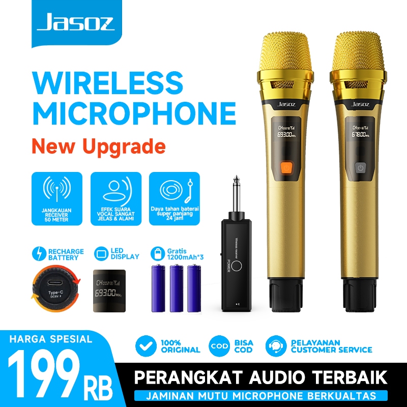 Jasoz Mic Wireless 2 Mic Karaoke Suara Jernih Tanpa Delay Bluetooth UHF Rechargeable