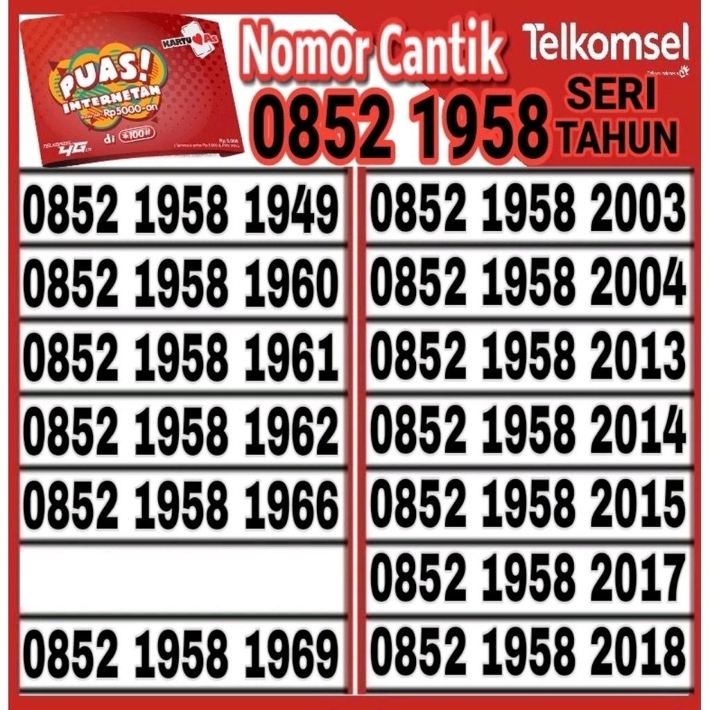 Nomor Cantik Telkomsel Simpati As 4G Lte Seri dobel Tahun O852 1958 1966 1967 1969 2017 2018