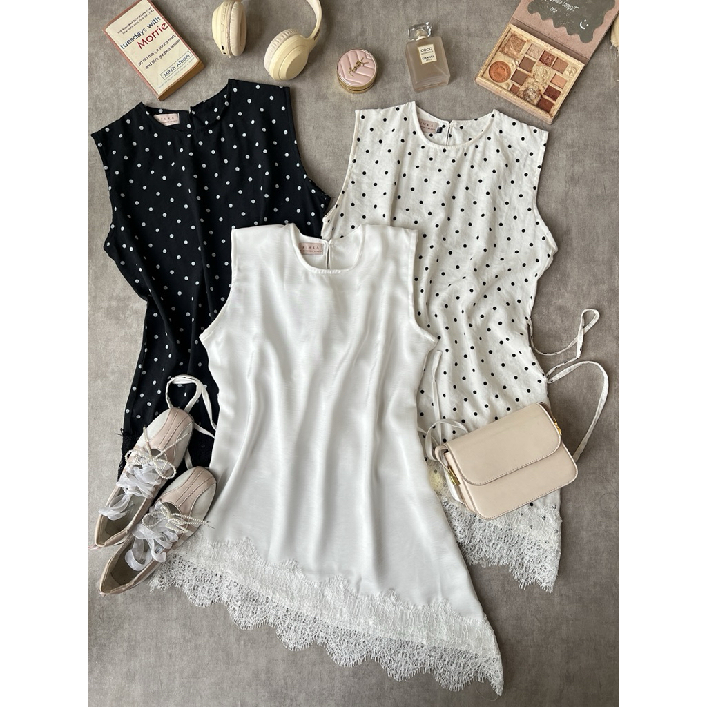 Kuina Inner Blouse | Blose Lace Tanpa Lengan | Inner Lace Polkadot | Blouse Polkadot | Inner Satin L