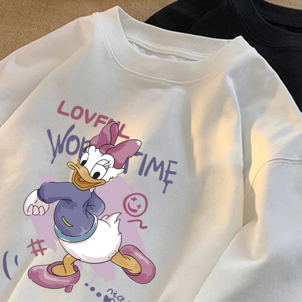 Premium T-shirt Oversize, Kaos wanita katun murni, ukuran besar, longgar, leher bulat, Disney [Donal