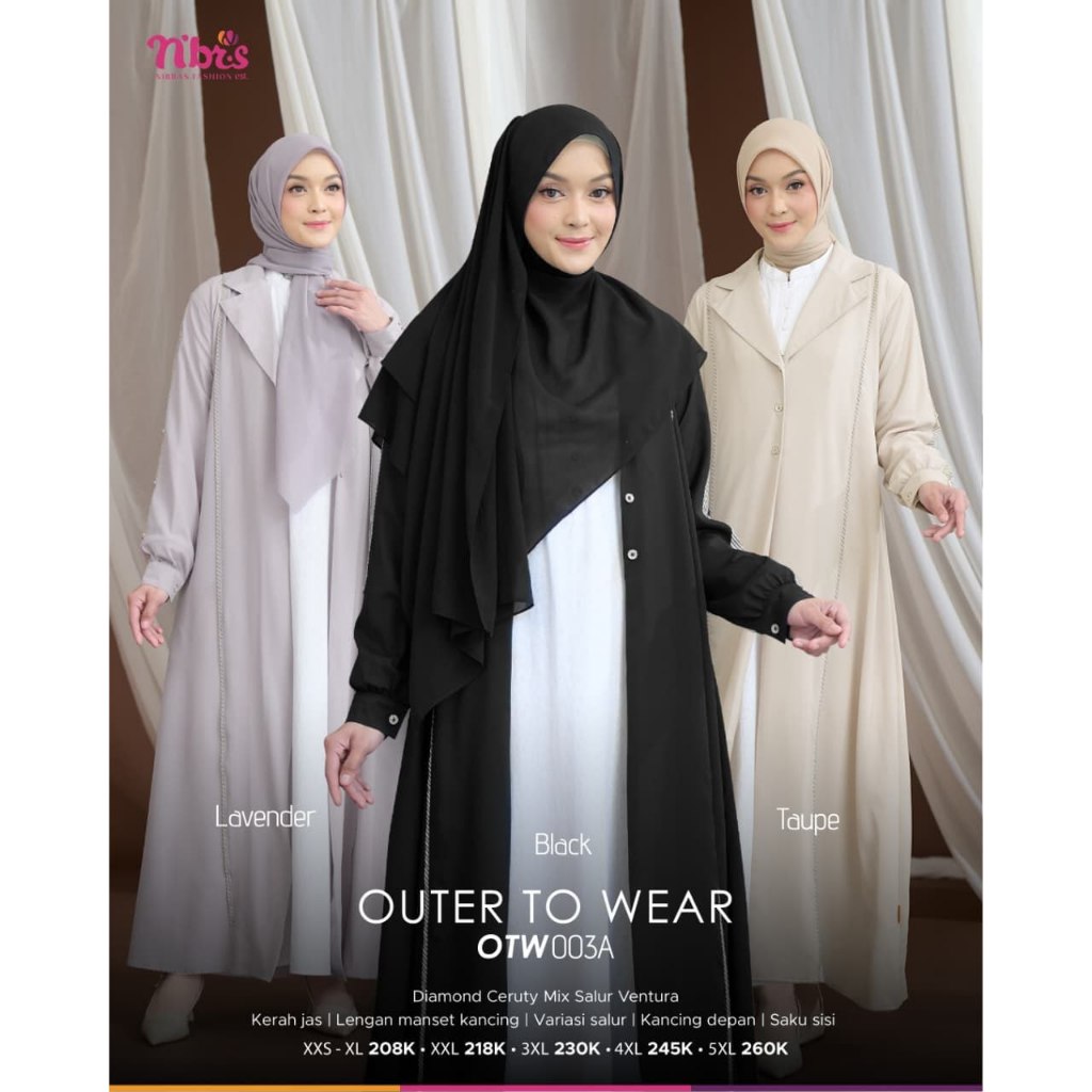 Outer To Wear OTW003A Gamis Panjang Polos Warna Hitam Lavender Taupe Model Modern