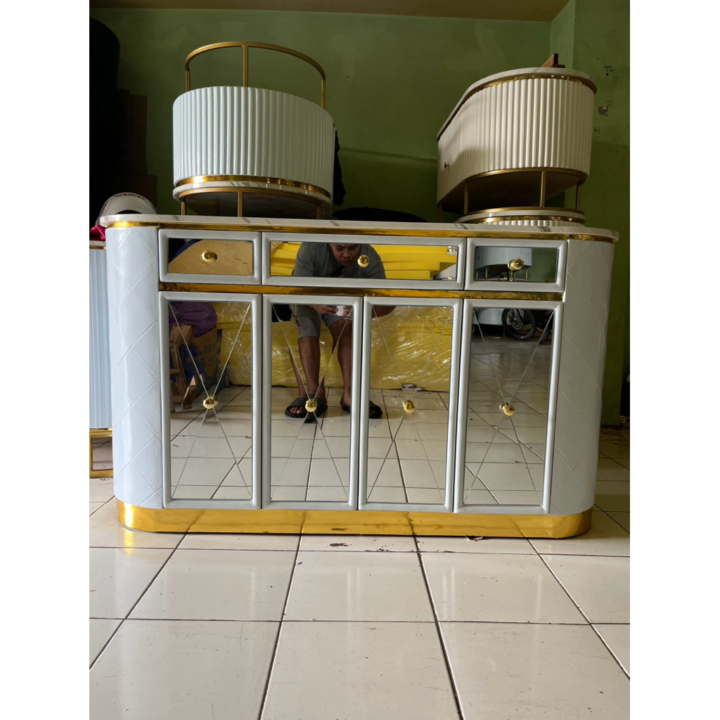 Meja bufet tv minimalis kaca hpl marmer aesthetic
