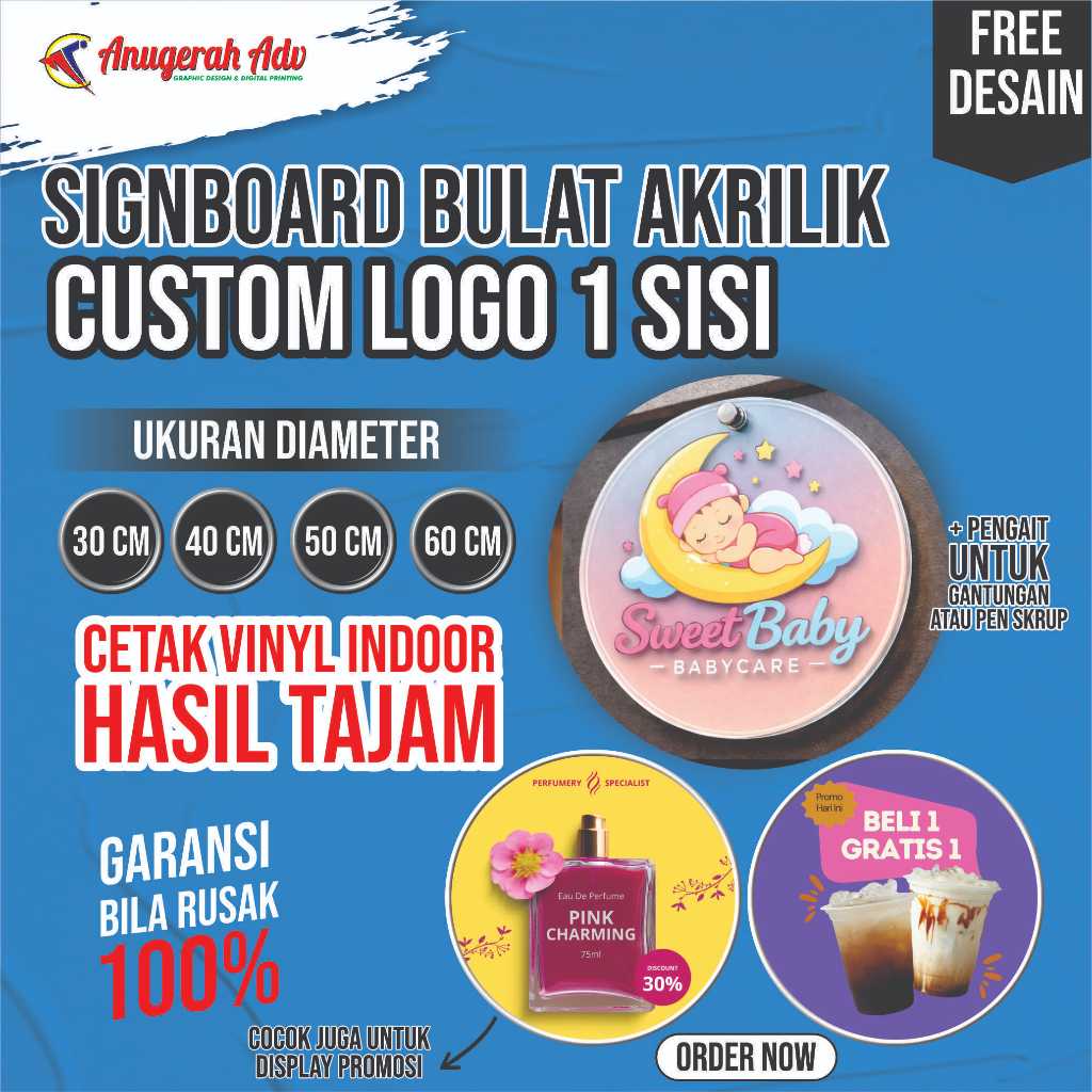 Papan nama akrilik custom | Signboard custom | Papan nama toko| bulat 30,40 & 50cm