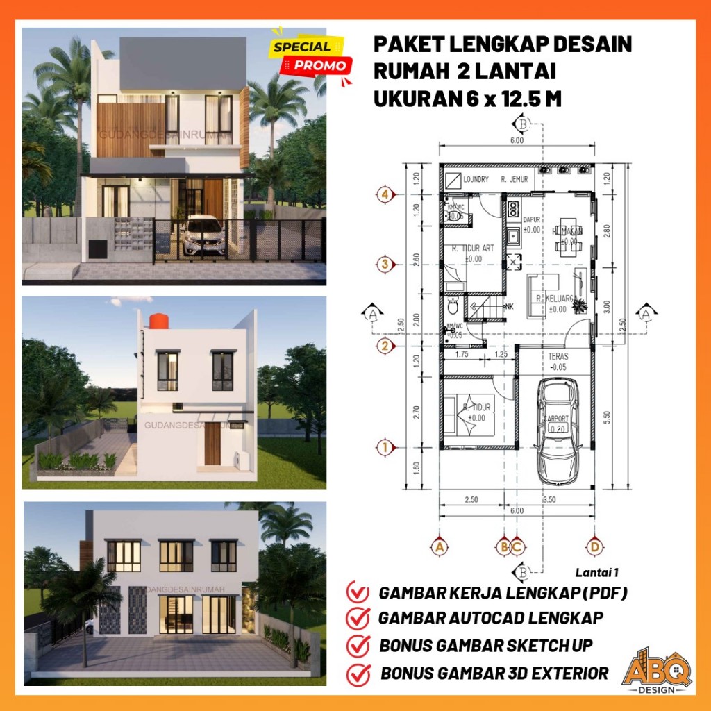 Desain Rumah 2 Lantai Ukuran 6 x 12,5 Meter Format DWG SKP PDF JPG
