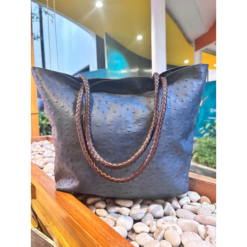 Tas Tote Bag Wanita Preloved Morgan Miller Original Navy Kulit Burung Orchid Tali Anyam Coklat Shoul