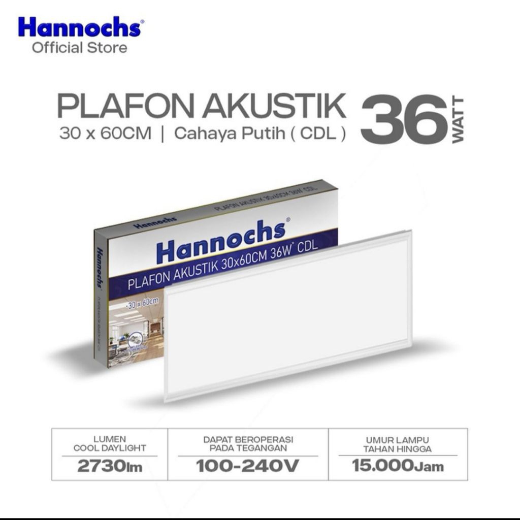Hannochs Lampu Downlight LEDDecoratif Anti Silau Plafon Akustik 30x120CM 40W, 60X60CM 40W COL, 30-80