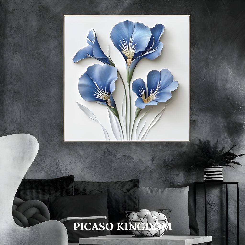 Lukisan Porcelain Diamond 5D Painting Hiasan Dinding Mewah - Bunga Biru Modern Indah - Bingkai Alumi