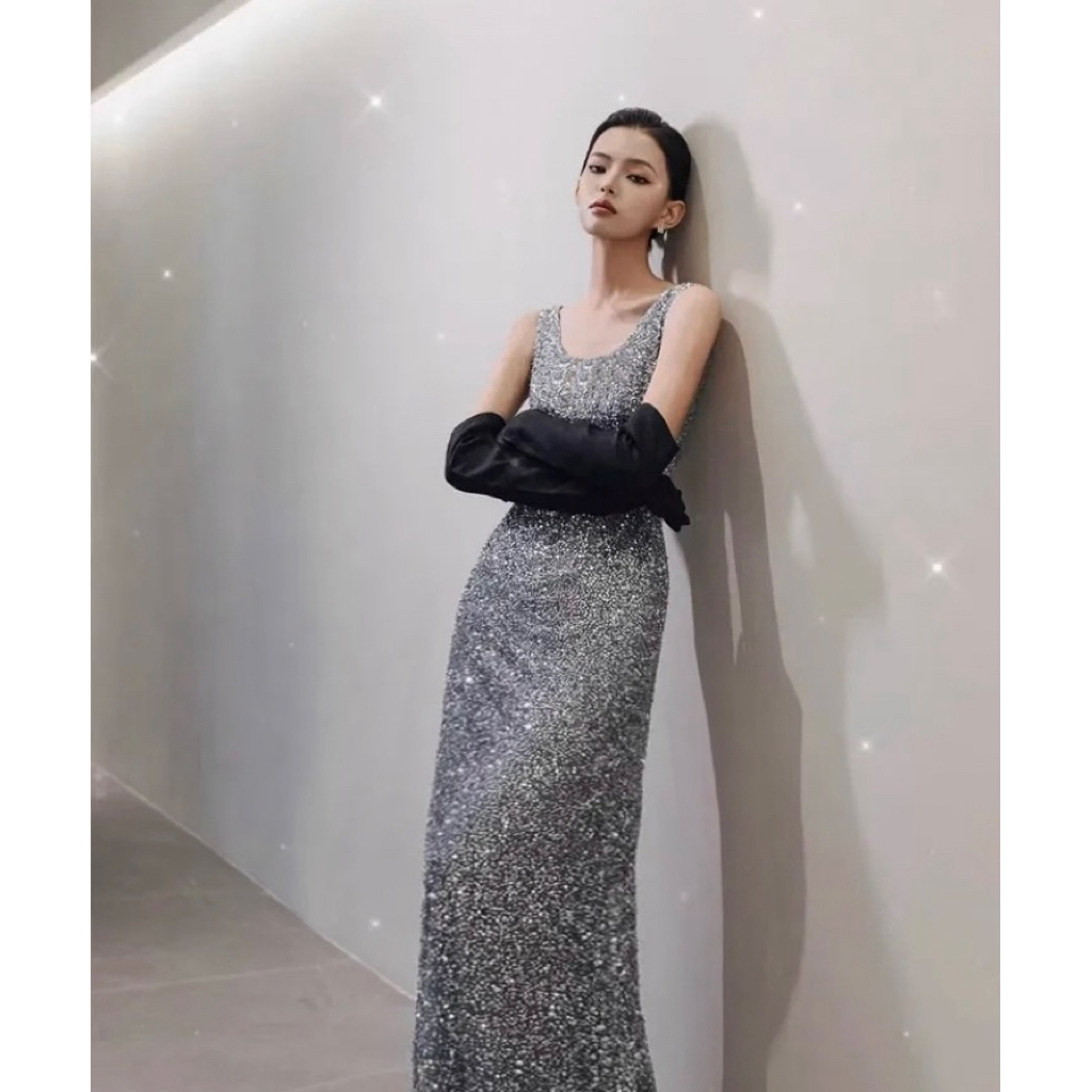 Gaun panjang silver pesta party long dress glitter bling bling sequin gold gown prom cocktail vietna