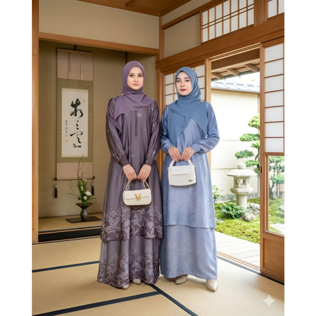 GAMIS KURUNG SILK DRESS BAJU MALAYA STYLE BAHAN SILK SATIN PREMIUM MOTIF BUNGA FLORAL DRESS - BAJU B