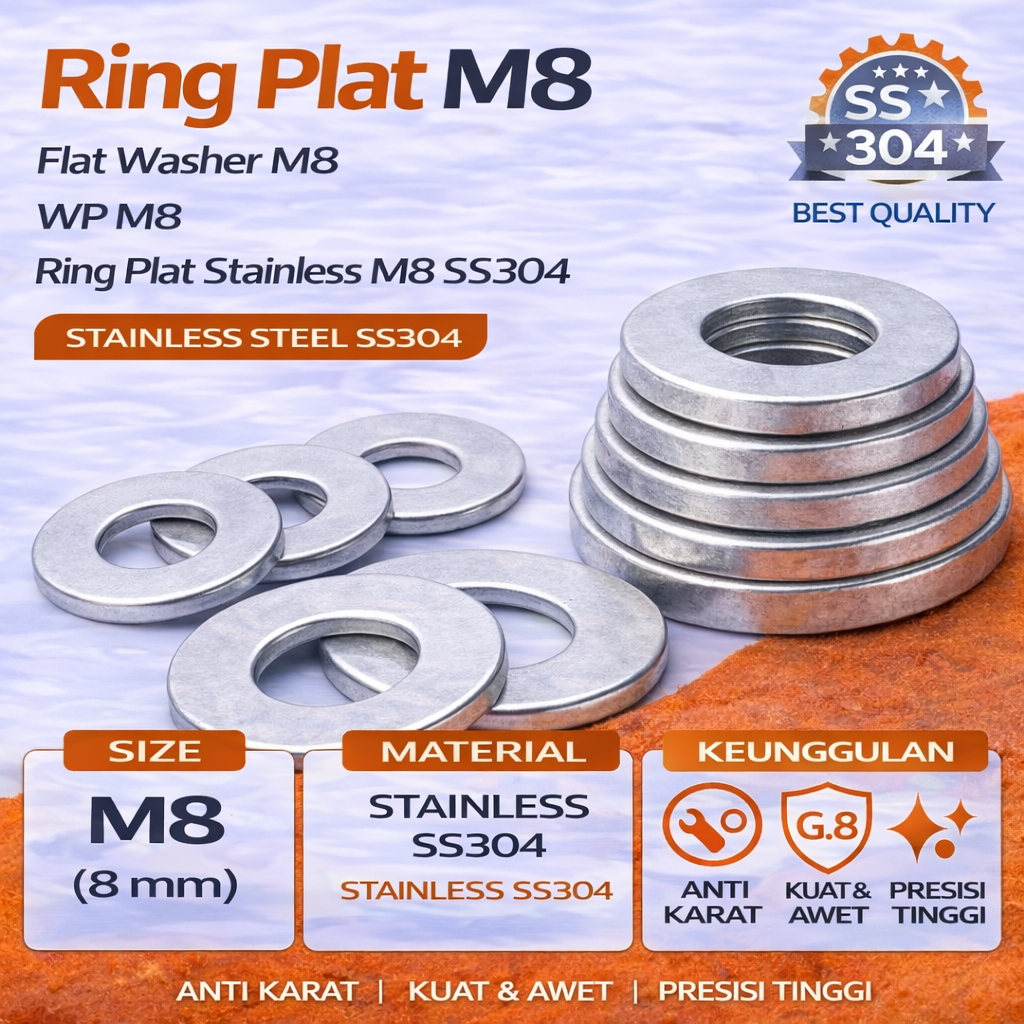 Ring Plat M8 / Flat Washer M8 / WP M8 / Ring Plat Stainless M8 SS304