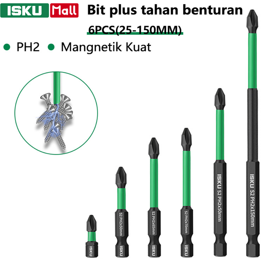 ISKU Set Mata Obeng 6 Buah/Mata Obeng Magnetik Kuat/Mata Obeng Pneumatik Kekerasan Tinggi yang Dapat