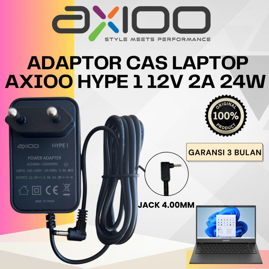 ADAPTOR CAS LAPTOP AXIOO HYPE 1 12V 2A 24W | CAS LAPTOP JACK BULAT DC 4.0MM GARANSI 3 BULAN