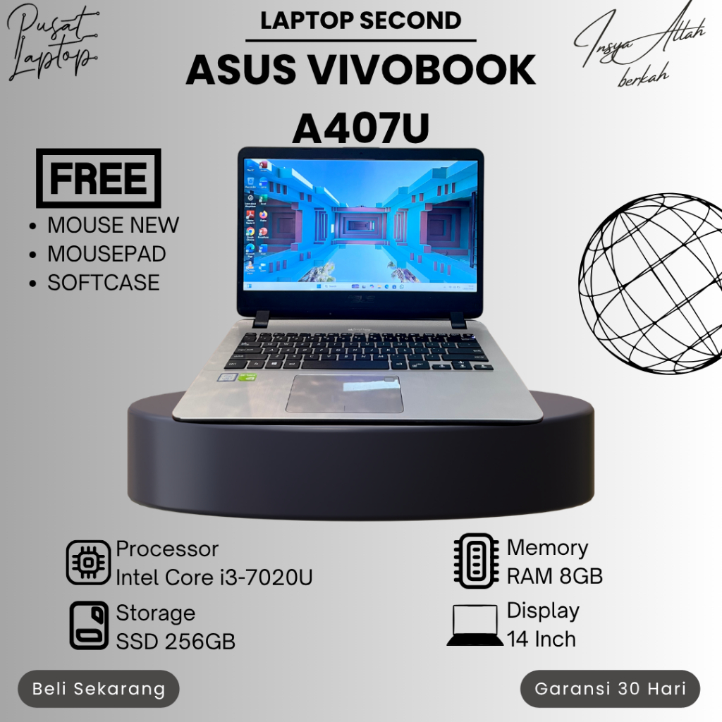 ASUS VIVOBOOK A407U SECOND | INTEL CORE I3-7020U | RAM 8GB | SSD 256GB | NORMAL | BERGARANSI