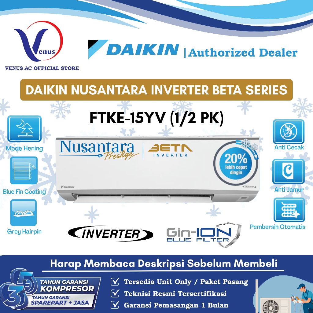 AC DAIKIN 1/2 PK INVERTER BETA FTKE-15YV NUSANTARA SERIES TIPE TERBARU