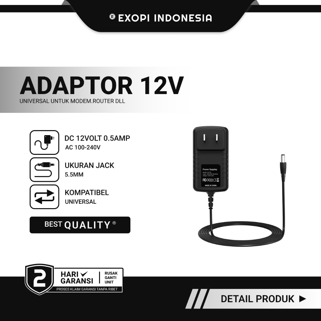 Power Adaptor 12V-0.5A Jack 5.5mm Bisa Untuk Modem Router DVR CCTV STB HTB Bekas Universal