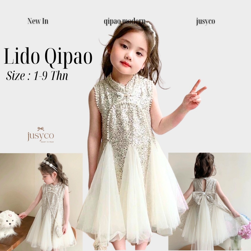 Lido Qipao Sequins Dress /Mini Dress Qipao Pesta Anak Perempuan Tanpa Lengan