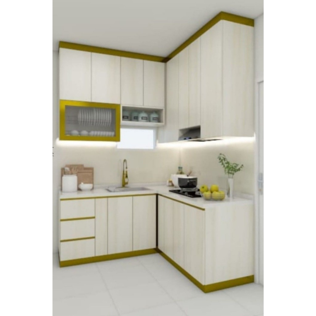 Kitchen Set Minimalis Modern Custom 4 Meter - Kabinet Lemari Dapur Atas Bawah L-Shape Glossy Premium
